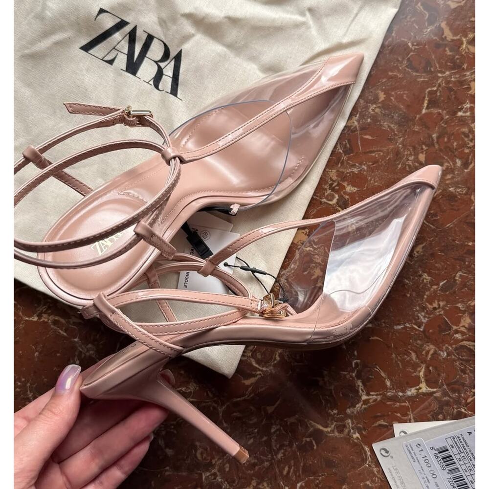Zara NWT Beige Clear Vinyl Slingback Pointed Toe Heels 7.5 8 - Picture 11 of 16